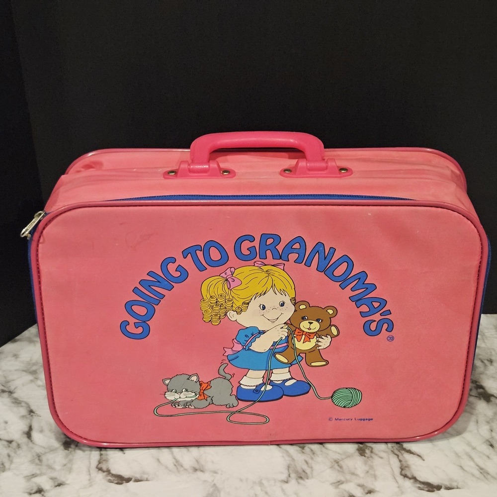 Vintage Pink "Going to‎ Grandmas" Kids Suitcase. Mercury Luggage. READ